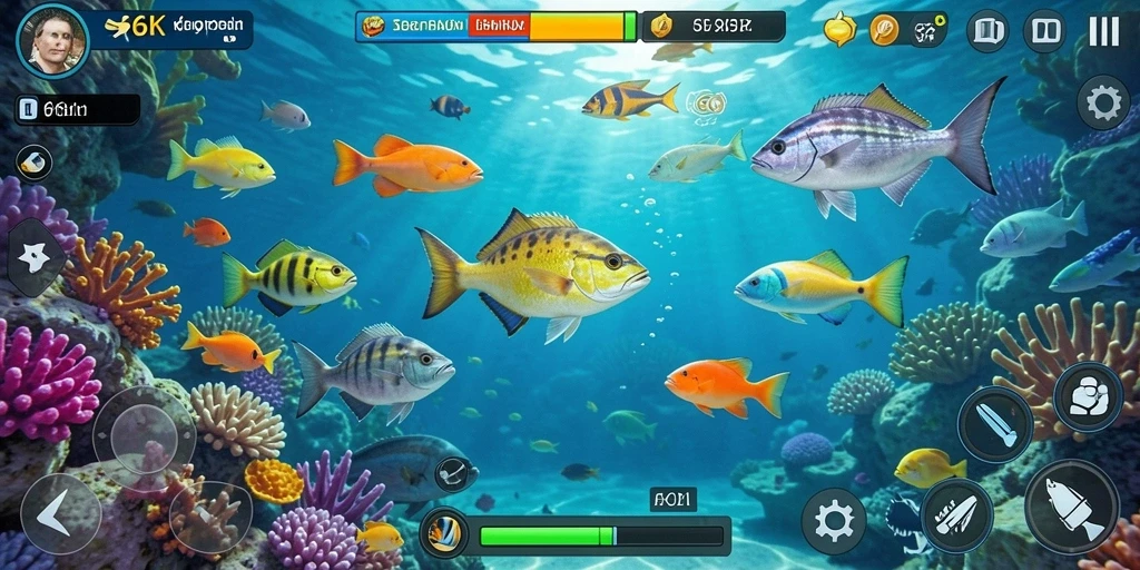 Tampilan gameplay seru dengan berbagai ikan yang menanti untuk ditangkap.