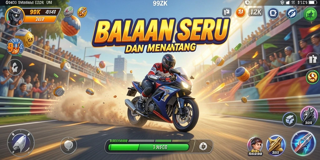 Screenshot gameplay 99ZK dengan aksi balapan yang mendebarkan.