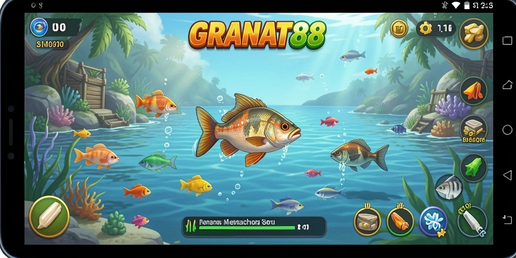 Screenshot utama GRANAT88 menampilkan aksi seru memancing di laut.