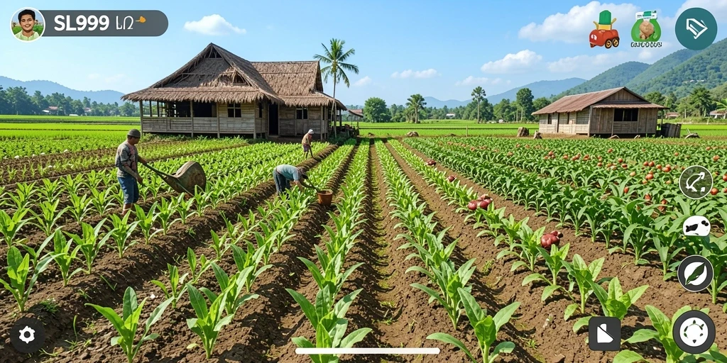 Screenshot gameplay SL999 menampilkan ladang yang hijau dan subur.