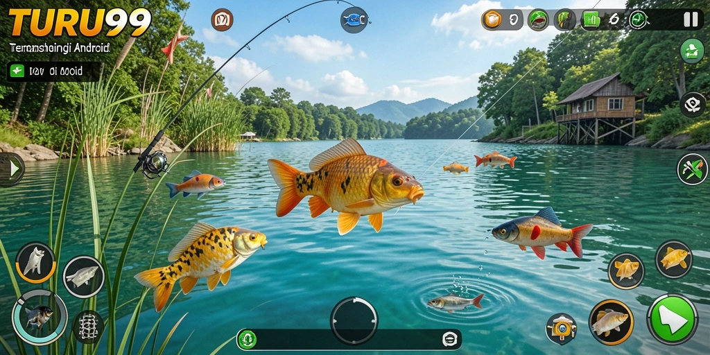 Skrinsut TURU99 menunjukkan pemain sedang memancing di lokasi pantai yang indah.